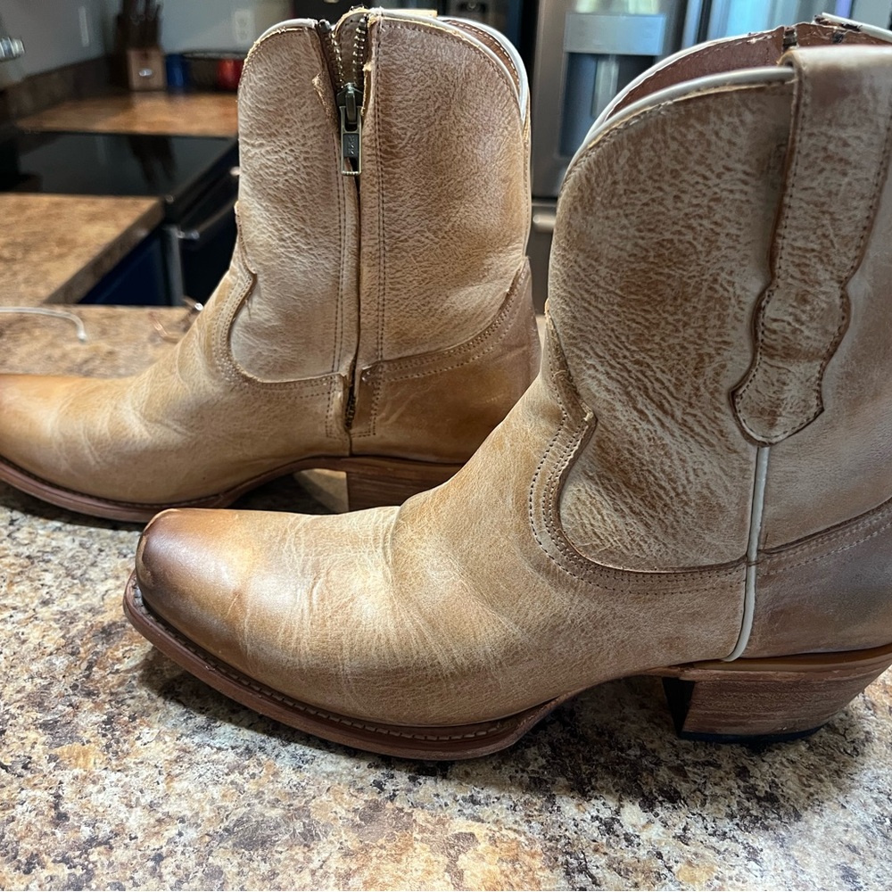 Tan Ankle Boots with Western Stitching and Side Zippers